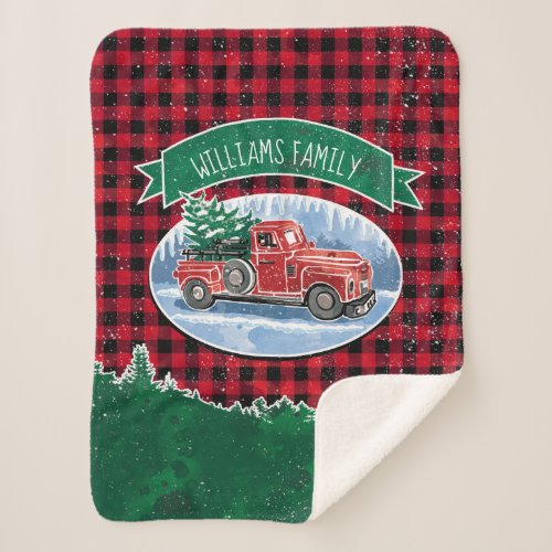 Christmas Red Vintage Truck Buffalo Plaid Add Name Sherpa Blanket