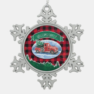 Christmas Red Vintage Truck Buffalo Plaid Add Name Snowflake Pewter Christmas Ornament