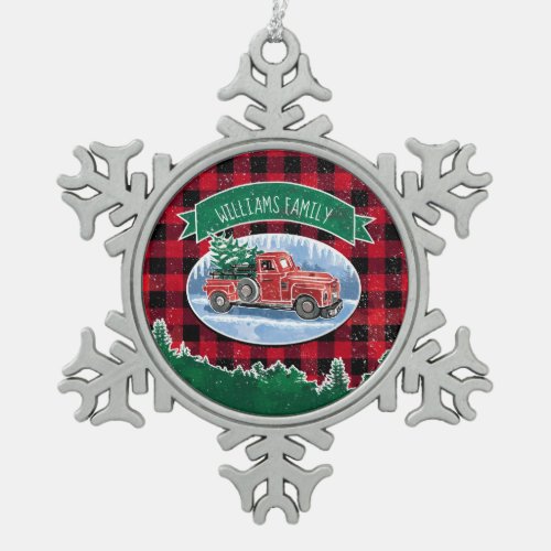 Christmas Red Vintage Truck Buffalo Plaid Add Name Snowflake Pewter Christmas Ornament