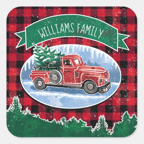 Christmas Red Vintage Truck Buffalo Plaid Add Name Square Sticker