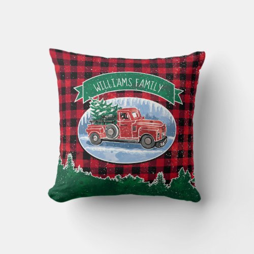 Christmas Red Vintage Truck Buffalo Plaid Add Name Throw Pillow