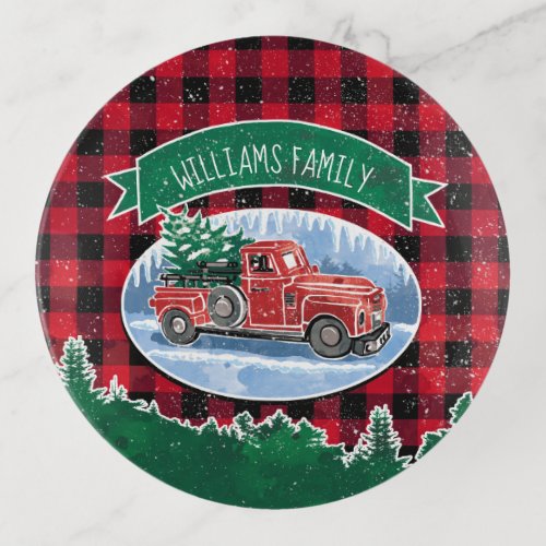 Christmas Red Vintage Truck Buffalo Plaid Add Name Trinket Tray