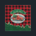 Christmas Red Vintage Truck Buffalo Plaid Add Name Wood Wall Decor<br><div class="desc">This design features a winter scene of a classic red pickup truck driving through the snow, a fresh Christmas tree in the back. A green banner above has a family name for you to personalize. Background is a red and black buffalo check pattern with a border of green pine trees...</div>