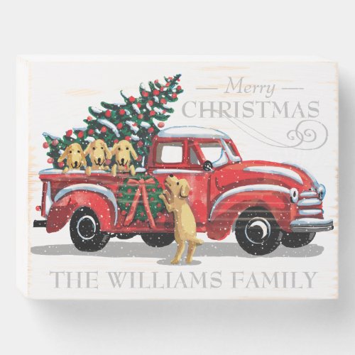 Christmas Red Vintage Truck Dog Family Name Wooden Box Sign