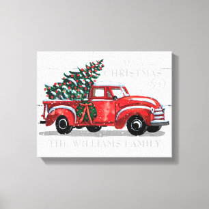 Christmas Red Vintage Truck Family Name Canvas Print