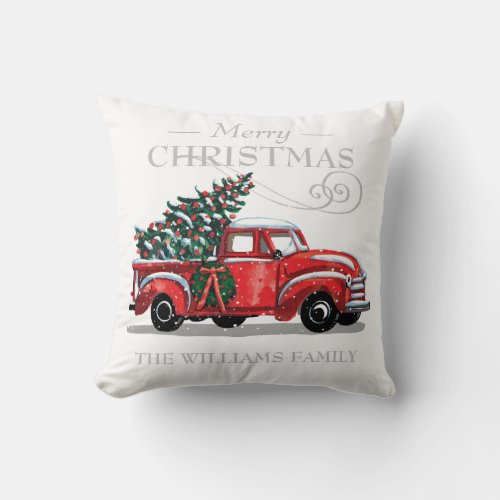 Christmas Red Vintage Truck Family Name Throw Pillow