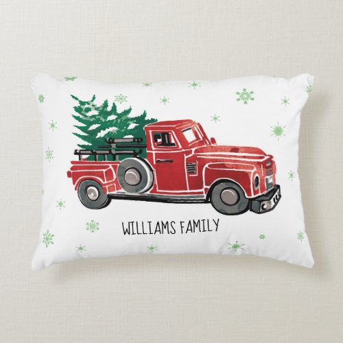 Christmas Red Vintage Truck w Snowflake Monogram Accent Pillow