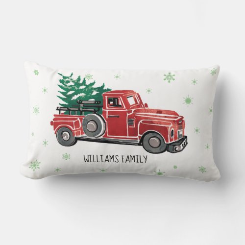 Christmas Red Vintage Truck w Snowflake Monogram Lumbar Pillow