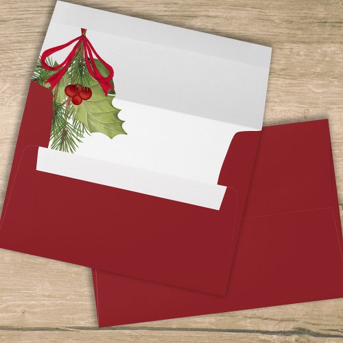 Christmas Red Watercolor Holly Berries Greenery Envelope
