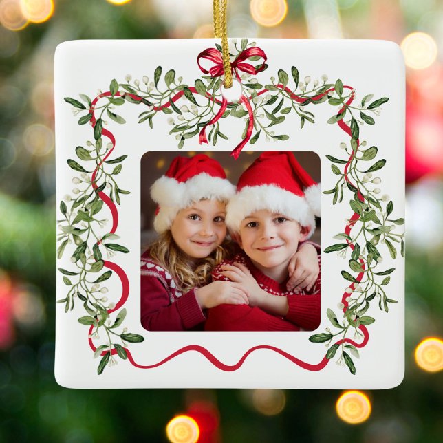Christmas Red Wavy Frame Bow Greenery Photo Ceramic Ornament (Creator Uploaded)