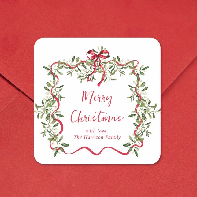 Christmas Red Wavy Frame Bow Greenery Square Sticker (Creator Uploaded)