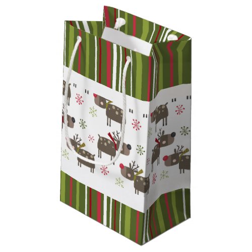 Christmas Red White and Green Reindeer and Stripe Small Gift Bag