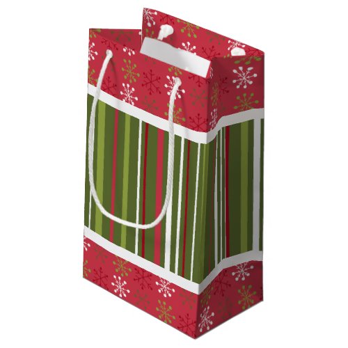 Christmas Red White and Green Snowflakes Stripes Small Gift Bag