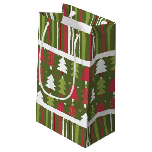 Christmas Red White and Green Trees and Stripes  Small Gift Bag