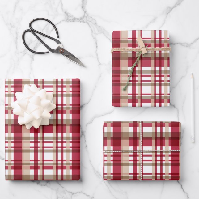 Christmas red white beige tattersall plaid pattern wrapping paper sheets (Front)