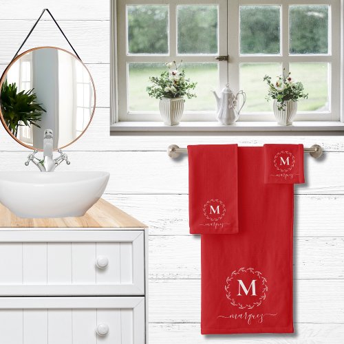 Christmas Red  White Botanical Wreath Monogram Bath Towel Set