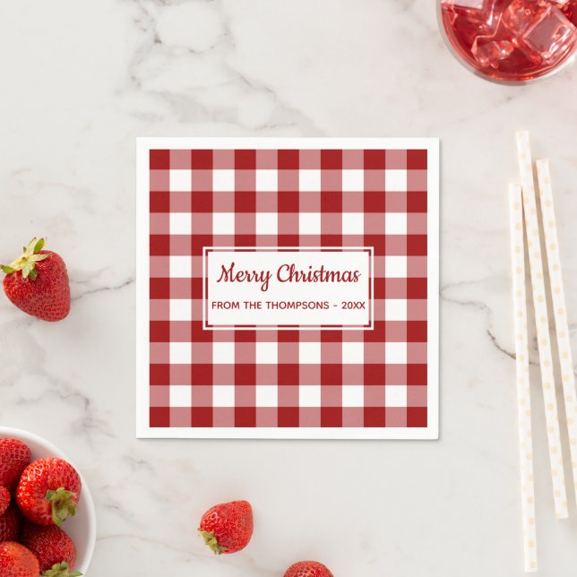 Christmas Red White Buffalo Check Name Party Napkins (Insitu)