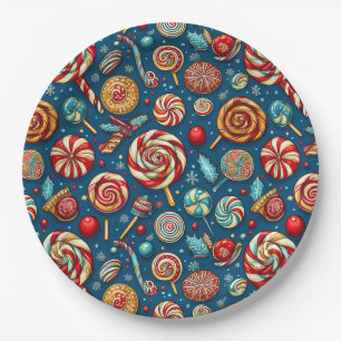 Christmas Red White Candy Lollipop Blue Paper Plates