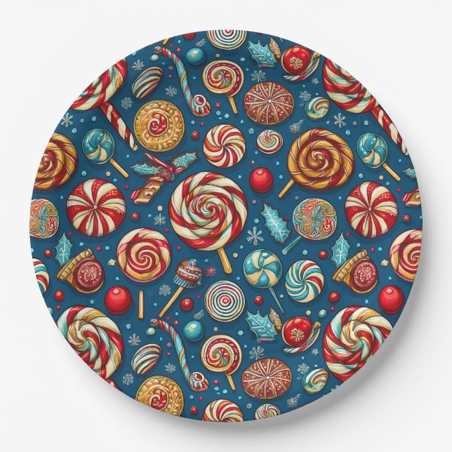 Christmas Red White Candy Lollipop Blue Paper Plates (Front)