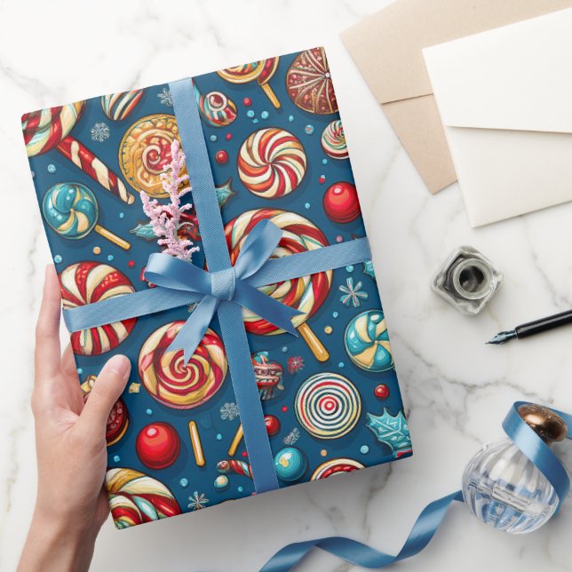 Christmas Red White Candy Lollipop Blue Wrapping Paper (Gifting)