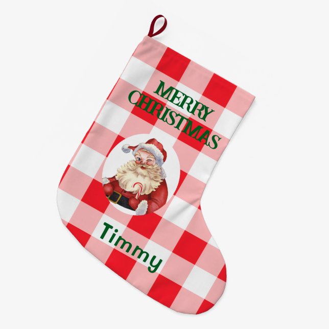 Christmas Red White Check  Large Christmas Stocking (Front (Hanging))