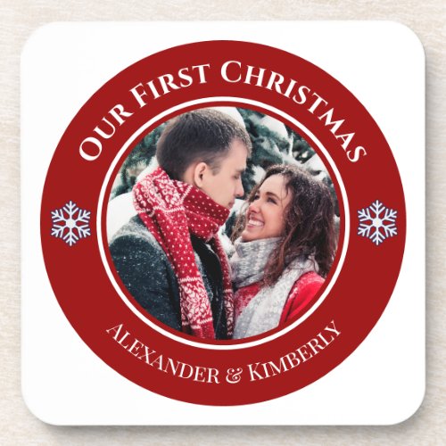 Christmas Red White Circle with Top Bottom Texts B Beverage Coaster