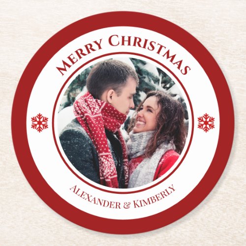 Christmas Red White Circle with Top Bottom Texts B Round Paper Coaster