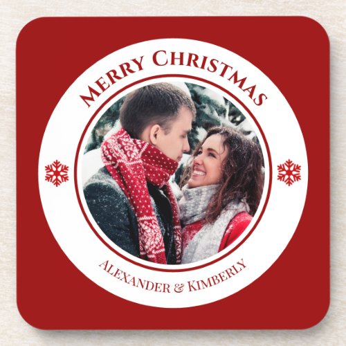 Christmas Red White Circle with Top Bottom Texts Beverage Coaster