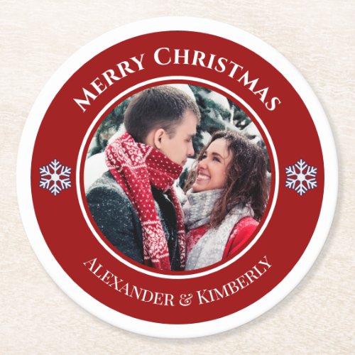 Christmas Red White Circle with Top Bottom Texts Round Paper Coaster