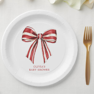 Christmas Red White Coquette Bow Baby Shower Paper Plates