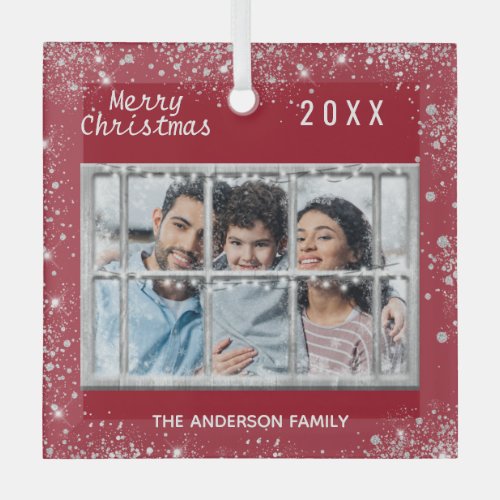 Christmas red white family photo winter window glass ornament