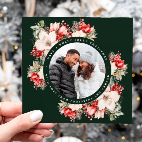 Christmas Red  White Flowers Photo Square Holiday Card