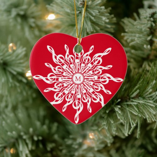 Christmas Red White G_Clef Snowflake Monogram Ceramic Ornament
