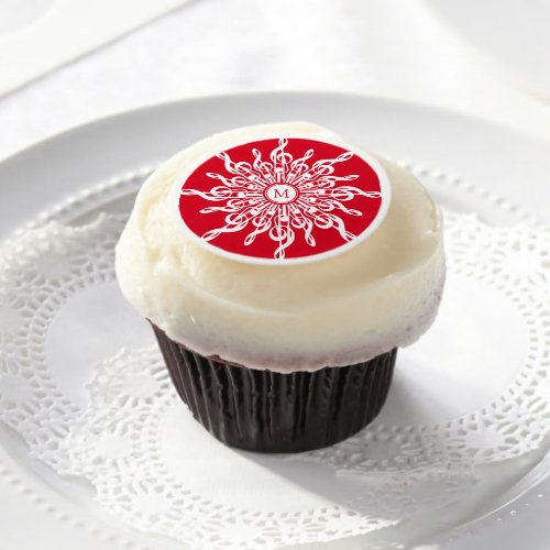 Christmas Red White G_Clef Snowflake Monogram Edible Frosting Rounds