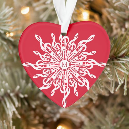 Christmas Red White G_Clef Snowflake Monogram Ornament