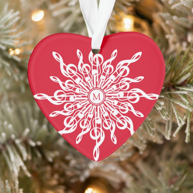 Christmas Red White G-Clef Snowflake Monogram Ornament (Tree)