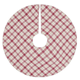 Christmas red white gold diagonal plaid pattern brushed polyester tree skirt