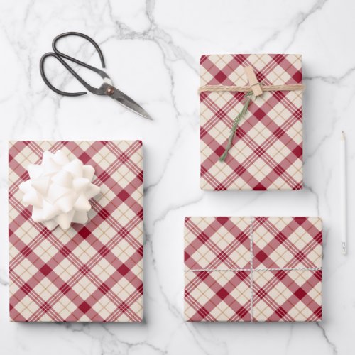 Christmas red white gold diagonal tartan plaid wrapping paper sheets