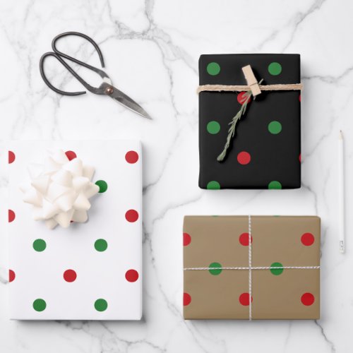 Christmas red white green black kraft polka dots  wrapping paper sheets