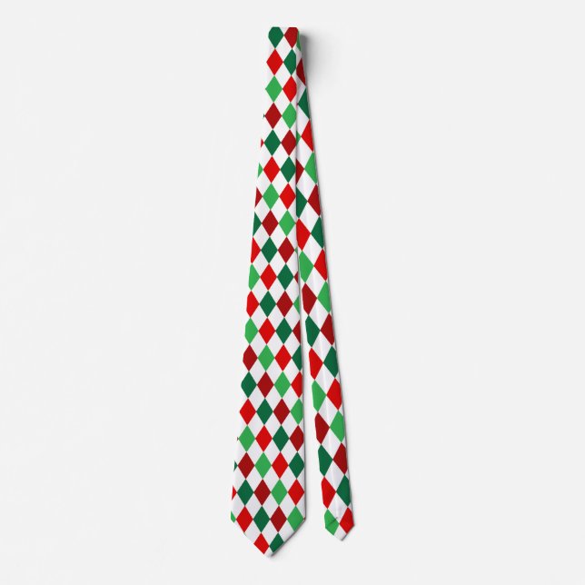 Christmas Red, White Green Diamond Argyle Pattern Neck Tie (Front)