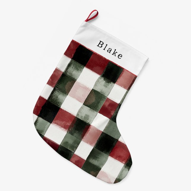 Christmas Red White Green Plaid Stripes Large Christmas Stocking (Front (Hanging))