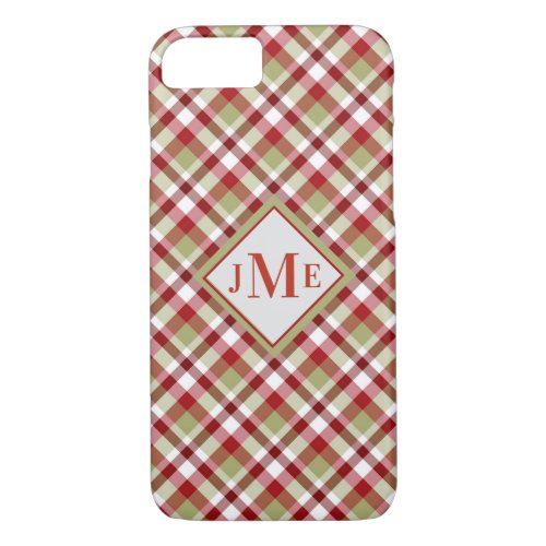 Christmas Red White Green Plaid With Monogram   Ca iPhone 87 Case