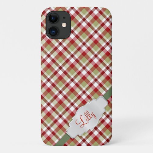 Christmas Red White Green Plaid With Monogram   iPhone 11 Case