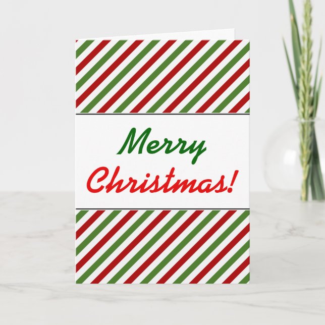 Christmas; Red, White & Green Striped Pattern Holiday Card (Front)