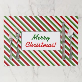 Christmas; Red, White & Green Striped Pattern Paper Placemat