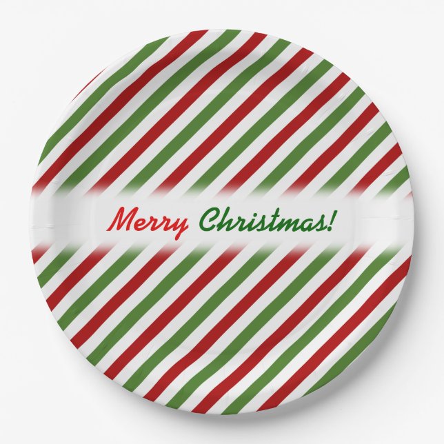 Christmas; Red, White & Green Striped Pattern Paper Plates (Front)