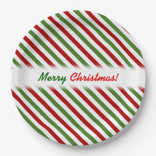 Christmas; Red, White & Green Striped Pattern Paper Plates
