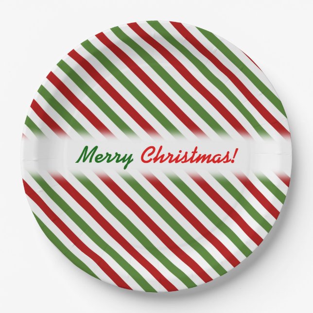 Christmas; Red, White & Green Striped Pattern Paper Plates (Front)