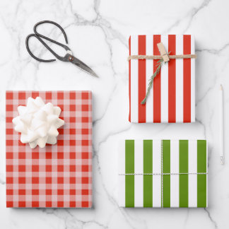 Christmas Red, White, Green Stripes and Gingham 3 Wrapping Paper Sheets