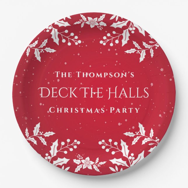 Christmas Red. White Holly, Deck-The-Halls Party Paper Plates (Front)